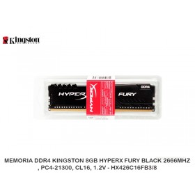 MEMORIA DDR4 KINGSTON 8GB HYPERX FURY BLACK 2666MHZ, PC4-21300, CL16, 1.2V - HX426C16FB3/8