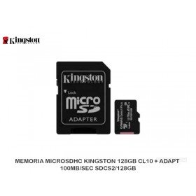 MEMORIA MICROSDHC KINGSTON 128GB CL10 + ADAPT 100MB/SEC SDCS2/128GB