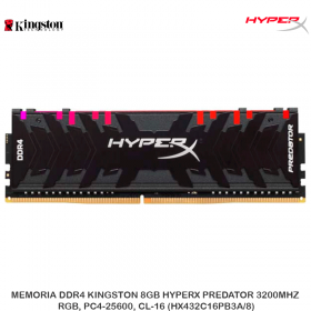 MEMORIA DDR4 KINGSTON 8GB HYPERX PREDATOR 3200MHZ, RGB, PC4-25600, CL-16 (HX432C16PB3A/8)
