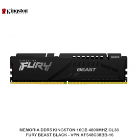 MEMORIA DDR5 KINGSTON 16GB 4800MHZ CL38 FURY BEAST BLACK - VPN:KF548C38BB-16