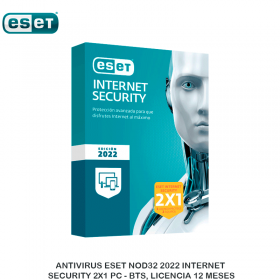 ANTIVIRUS ESET NOD32 2022 INTERNET SECURITY 2X1 PC - BTS, LICENCIA 12 MESES