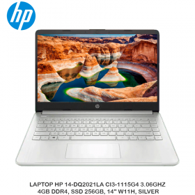 LAPTOP HP 14-DQ2021LA CI3-1115G4 3.06GHZ, 4GB DDR4, SSD 256GB, 14" W11H, SILVER
