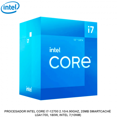 PROCESADOR INTEL CORE I7-12700 2.10/4.90GHZ, 25MB SMARTCACHÉ, LGA1700, 180W, INTEL 7(10NM)