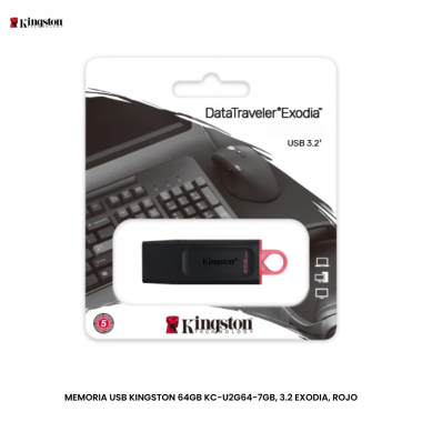 MEMORIA USB KINGSTON 64GB KC-U2G64-7GR, 3.2 EXODIA, ROJO
