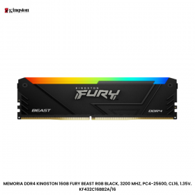 MEMORIA DDR4 KINGSTON 16GB FURY BEAST RGB BLACK, 3200 MHZ, PC4-25600, CL16, 1.35V. KF432C16BB2A/16