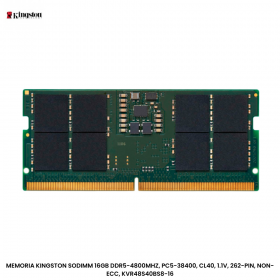 MEMORIA KINGSTON SODIMM 16GB DDR5-4800MHZ, PC5-38400, CL40, 1.1V, 262-PIN, NON-ECC, KVR48S40BS8-16