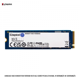 UNIDAD SSD KINGSTON 500GB NV3 M.2 2280 PCIE4.0 NVME, R 600MB/S W 2200MB/S