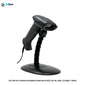 LECTOR DE CODIGO DE BARRAS 3NSTAR SC402, 2D+1D, USB, C/CABLE Y BASE