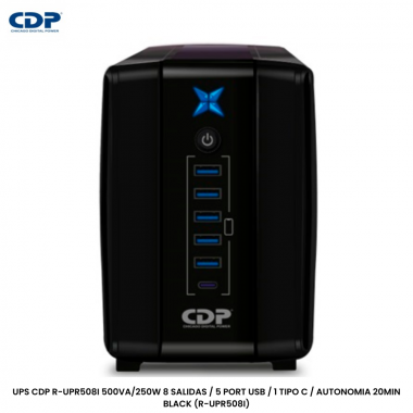 UPS CDP R-UPR508I 500VA/250W 8 SALIDAS / 5 PORT USB / 1 TIPO C / AUTONOMIA 20MIN BLACK (R-UPR508I)