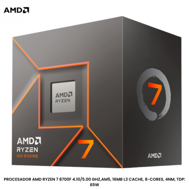 PROCESADOR AMD RYZEN 7 8700F 4.10/5.00 GHZ,AM5, 16MB L3 CACHE, 8-CORES, 4NM, TDP: 65W