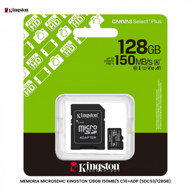 MEMORIA MICROSDHC KINGSTON 128GB 150MB/S C10+ADP (SDCS3/128GB)