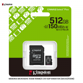 MEMORIA MICROSDHC 512GB 150MB/S C10+ADP KINGSTON (SDCS3/512GB)